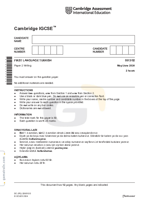 Turkish First Language 0513/02 May June 2024