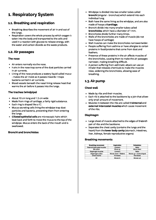 Checkpoint Science (Biology) | Respiratory System Revision Note