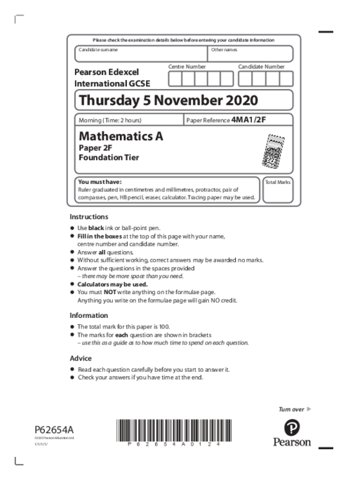 Mathematics (A) 4MA1/2F November 2020 | Edexcel IGCSE Past Papers With Mark Scheme