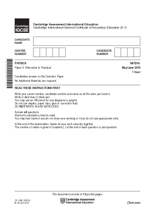 Paper 5, Variant 1, May June 2019 | Cambridge 9–1 GCSE  Physics (0972) Past Papers