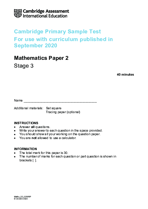 Cambridge Progression Test Stage 3 Mathematics 2020 Paper 2 With Mark Scheme