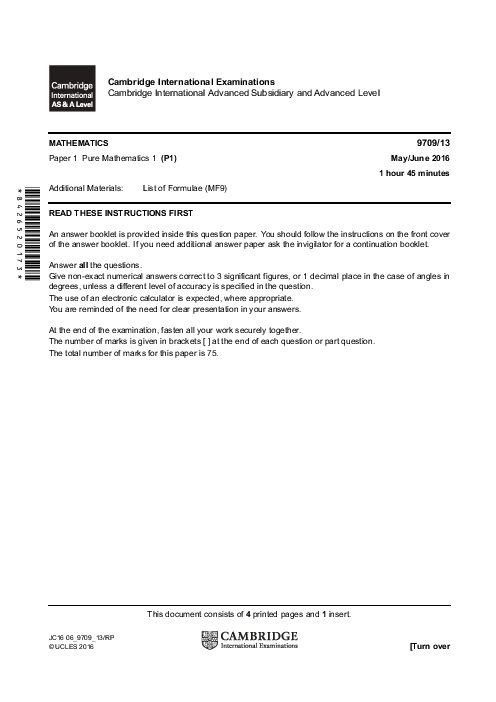 Mathematics 9709/11 May June 2016 | Cambridge AS & A Level Past Papers With Mark Scheme