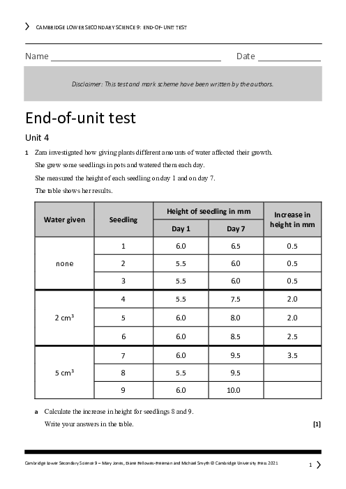 Cambridge Year 9 Science End of Unit 4 Test - Answers Included