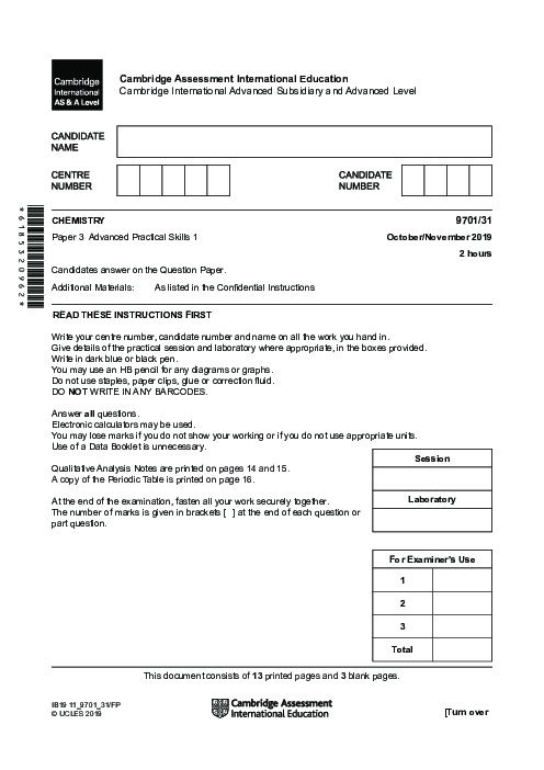 Chemistry 9701/31 Oct Nov 2019 | Cambridge AS Level Past Papers With Mark Scheme