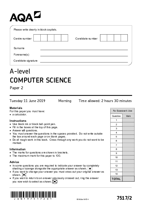 Computer Science 7517/2 June 2019