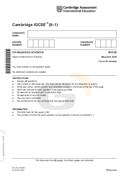 Sciences - Co-ordinated 0973/62 May June 2024