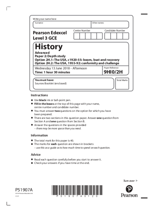  History 9HI0/2H Jun 2018 | Edexcel  A Level Past Papers With Mark Scheme