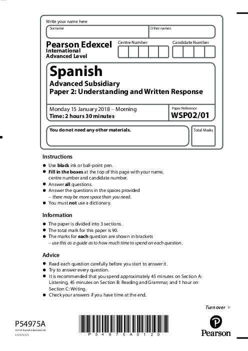 Spanish WSP02/01 January  2018 | Edexcel   International AS Level Past Papers With Mark Scheme