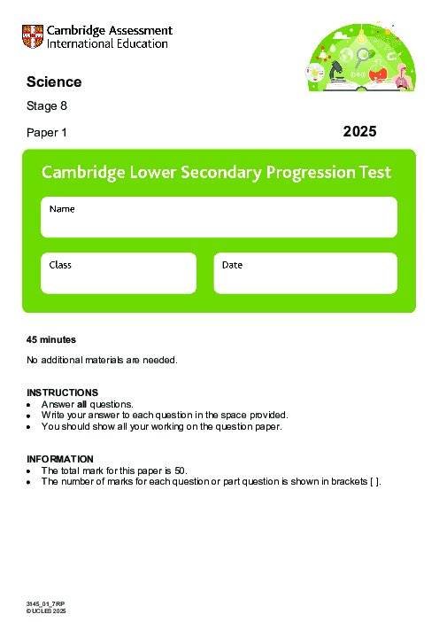 Cambridge Progression Test Stage 8 Science 2025 Paper 1