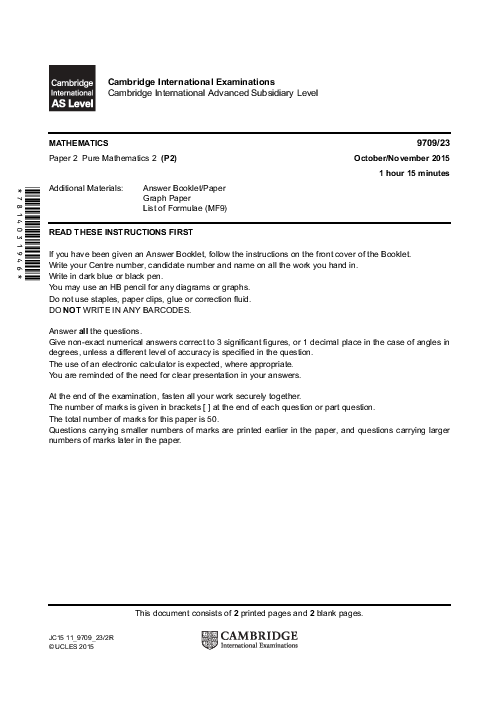 Mathematics 9709/11 Oct Nov 2015 | Cambridge AS & A Level Past Papers With Mark Scheme