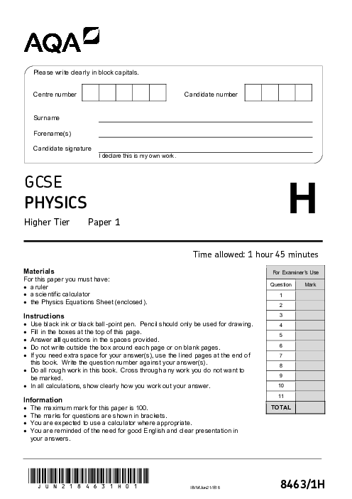 Physics 8463/1H June 2021