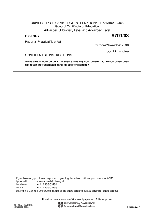 Paper 2, Oct Nov 2006 | Cambridge AS - A Level Biology (9700) Past Papers