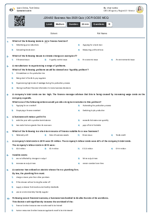  J204/02 Business Nov 2020 Quiz | OCR GCSE MCQ