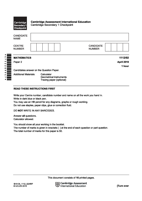 MATHEMATICS 1112,02 April 2019 | Cambridge Lower secondary Checkpoint Past Papers with Mark Schemes