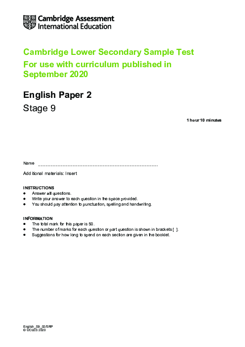 Progression Test Stage 9 English 2020 Paper 2 With Mark Scheme