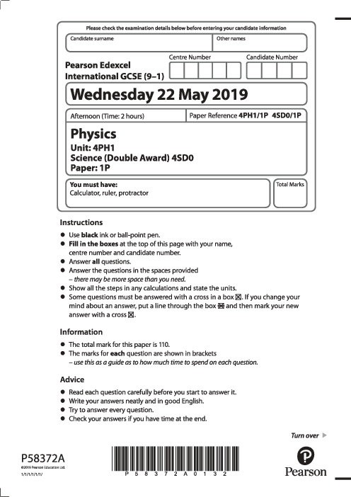  Physics 4PH1/1P May June  2019 | Edexcel IGCSE Past Papers With Mark Scheme