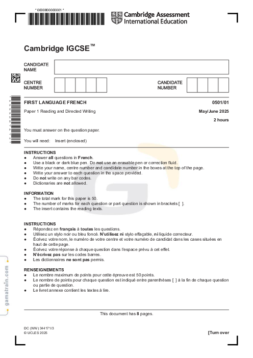 French First Language 0501/01 May June 2025