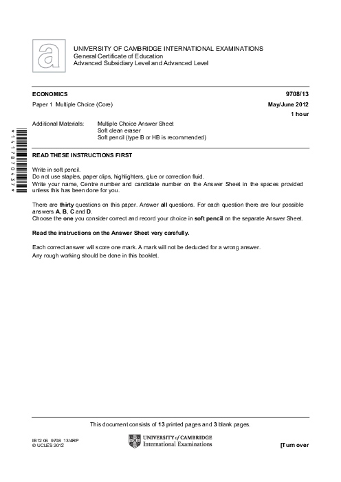 Economics 9708/13 May June 2012 | Cambridge AS Level Past Papers With Mark Scheme
