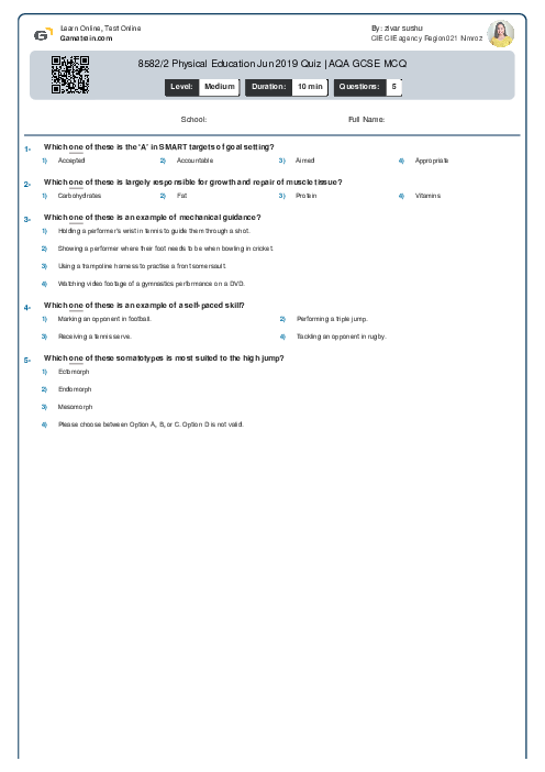 8582/2 Physical Education Jun 2019 Quiz | AQA GCSE MCQ