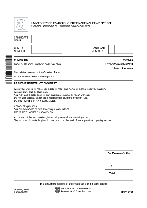 Chemistry 9701/52 Oct Nov 2010 | Cambridge AS Level Past Papers With Mark Scheme