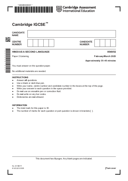 Hindi as a Second Language 0549/02 March 2025