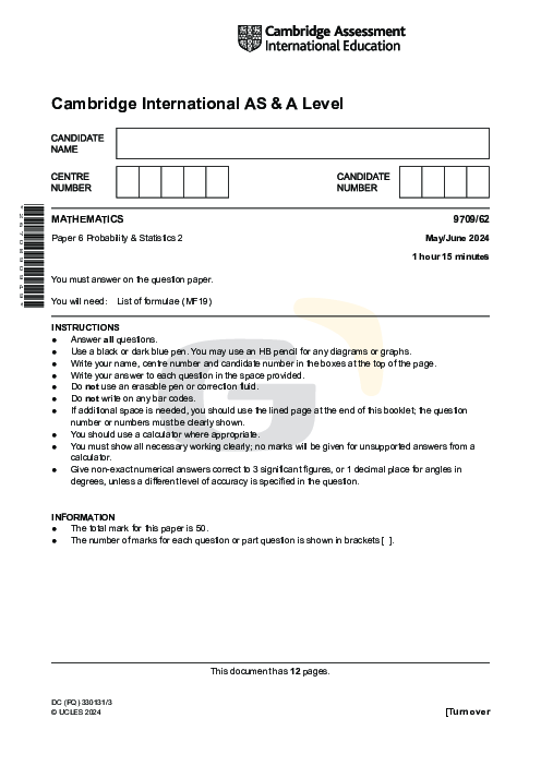 Mathematics 9709/62 May June 2024 | Cambridge AS & A Level Past Papers With Mark Scheme