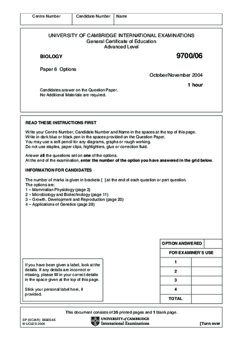 Biology 9700/06 Oct Nov 2004 | Cambridge AS Level Past Papers With Mark Scheme