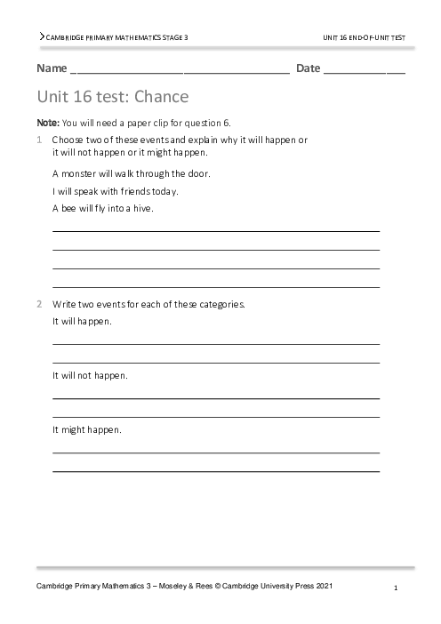 Year 3 Mathematics End of Unit 16 Test - Answers Included
