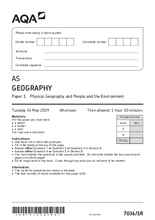 Geography 7036 Paper 1 June 2019, AQA AS-Level Past Papers with Mark Schemes