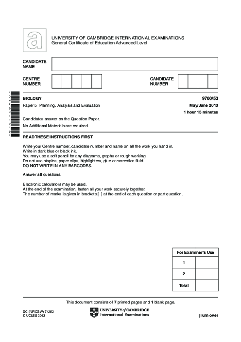 Biology 9700/53 May June 2013 | Cambridge AS Level Past Papers With Mark Scheme