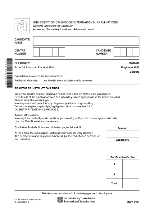 Chemistry 9701/34 May June 2010 | Cambridge AS Level Past Papers With Mark Scheme