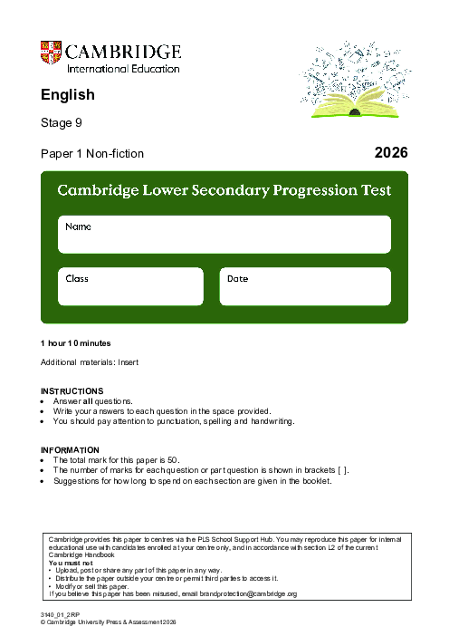 Progression Test Stage 9 English 2026 Paper 1 pdf