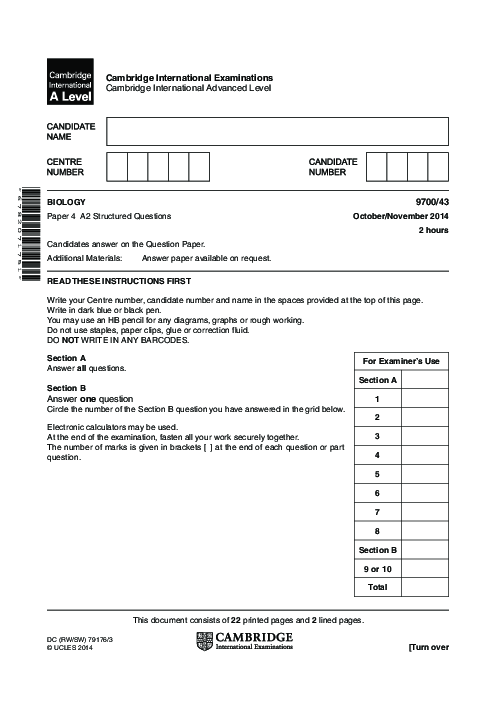 Biology 9700/43 Oct Nov 2014 | Cambridge AS Level Past Papers With Mark Scheme