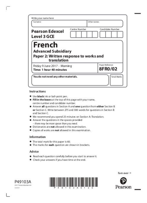  French  8FR0/02 June  2017 | Edexcel  AS Level Past Papers With Mark Scheme
