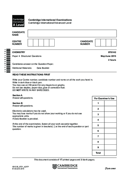 Chemistry 9701/51 May June 2015 | Cambridge AS Level Past Papers With Mark Scheme