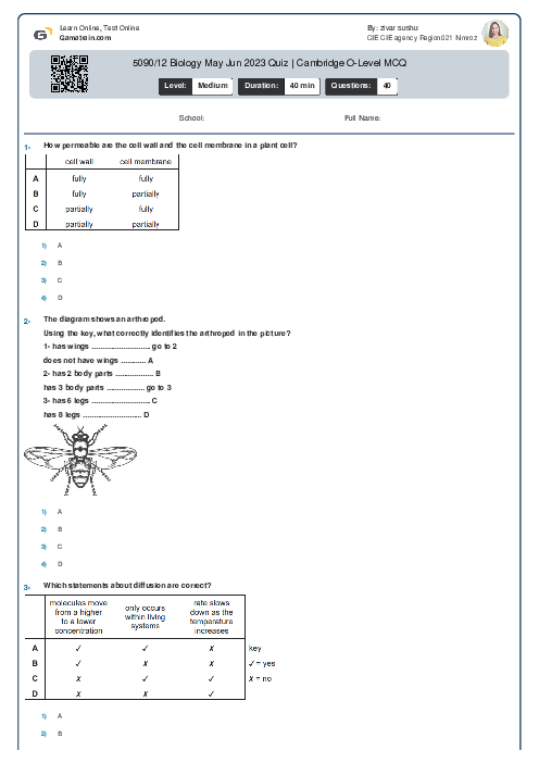 5090/12 Biology May Jun 2023 Quiz | Cambridge O-Level MCQ