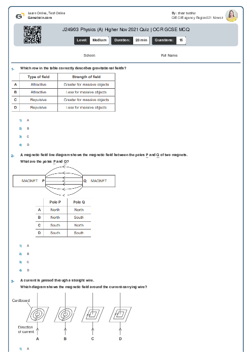  J249/03 Physics (A) Higher Nov 2021 Quiz | OCR GCSE MCQ
