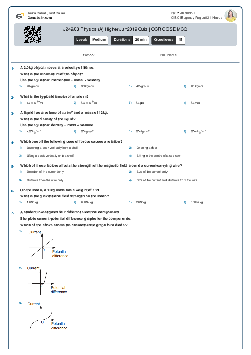 J249/03 Physics (A) Higher Jun 2019 Quiz | OCR GCSE MCQ