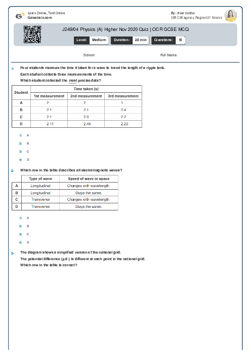  J249/04 Physics (A) Higher Nov 2020 Quiz | OCR GCSE MCQ