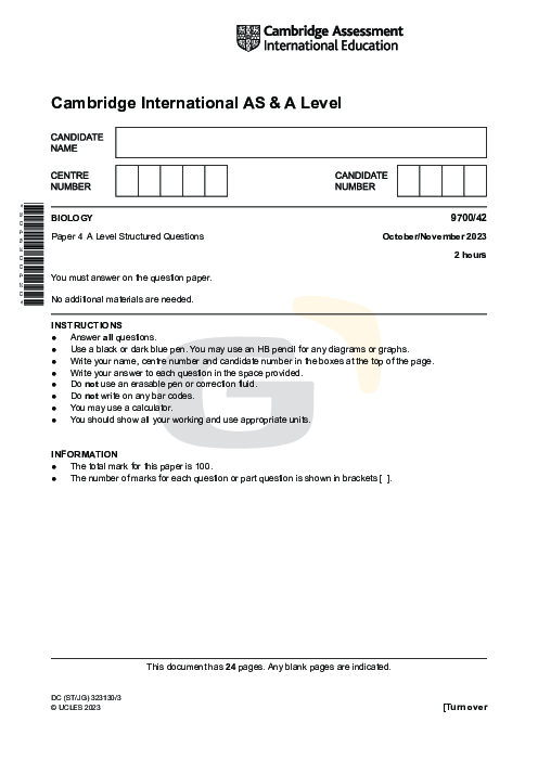 Biology 9700/42 Oct Nov 2023 | Cambridge AS Level Past Papers With Mark Scheme