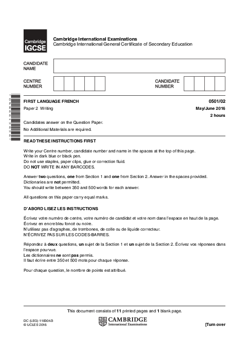 French First Language 0501/02 May June 2016