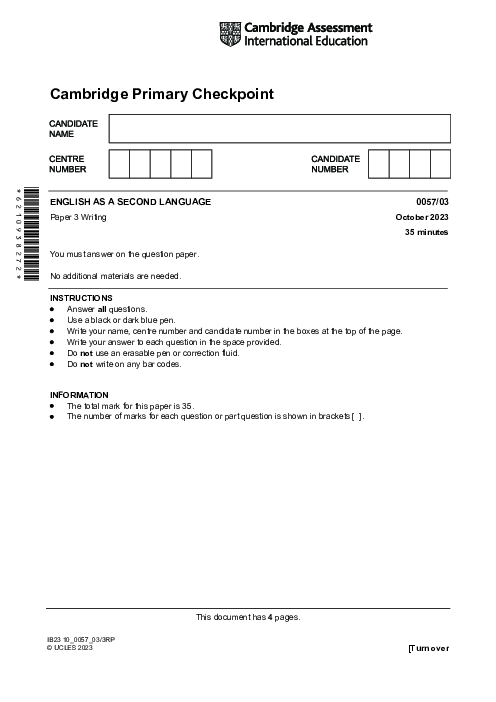 ENGLISH AS A SECOND LANGUAGE 0057,03 October 2023 | Cambridge Primary Checkpoint Past Papers with Mark Schemes