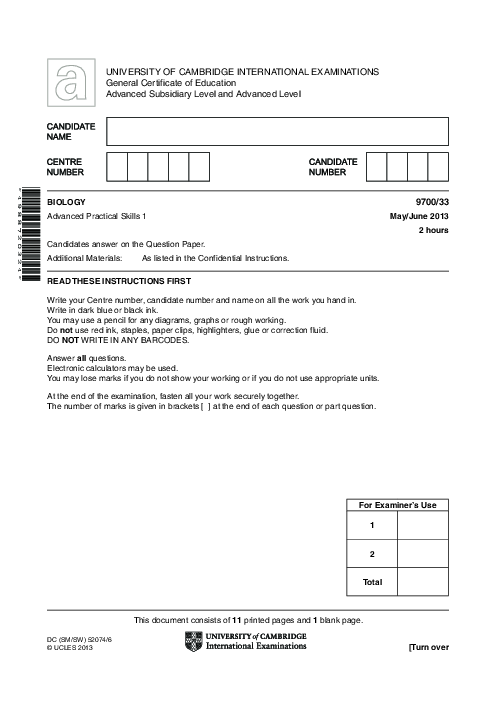 Biology 9700/31 May June 2013 | Cambridge AS Level Past Papers With Mark Scheme