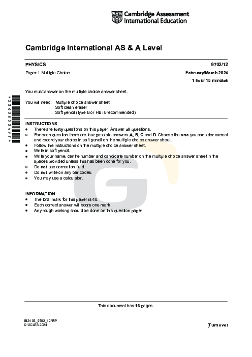 Paper 1, Variant 2, March 2024 | Cambridge AS - A Level Physics (9702) Past Papers