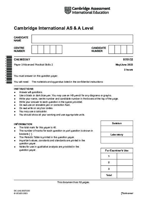 Chemistry 9701/31 May June 2023 | Cambridge AS Level Past Papers With Mark Scheme