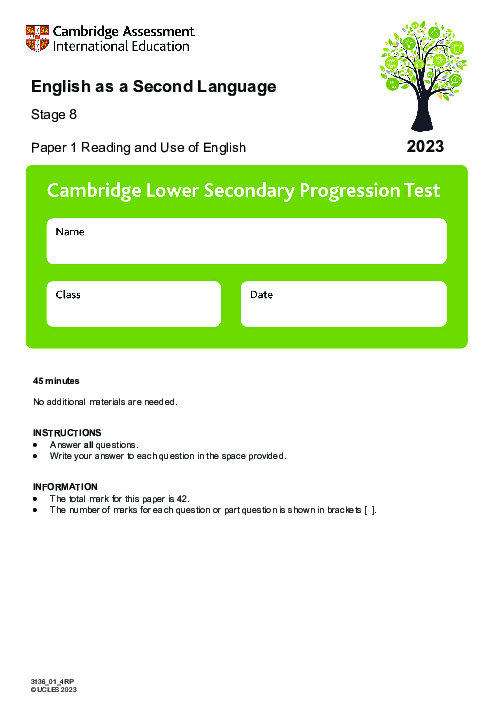 Progression Test Stage 8 English as a Second Language 2023 Paper 1 With Mark Scheme
