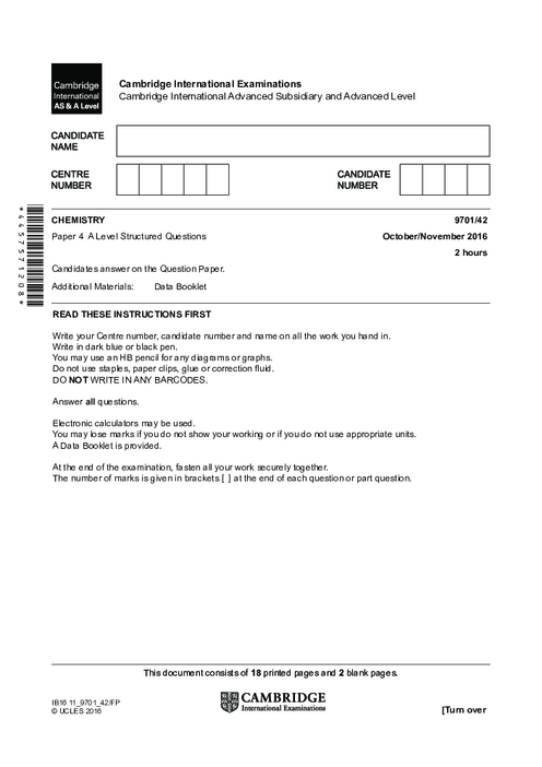 Chemistry 9701/41 Oct Nov 2016 | Cambridge AS Level Past Papers With Mark Scheme