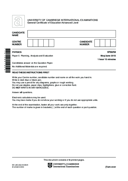 Paper 4, Variant 3, May June 2013 | Cambridge AS - A Level Physics (9702) Past Papers