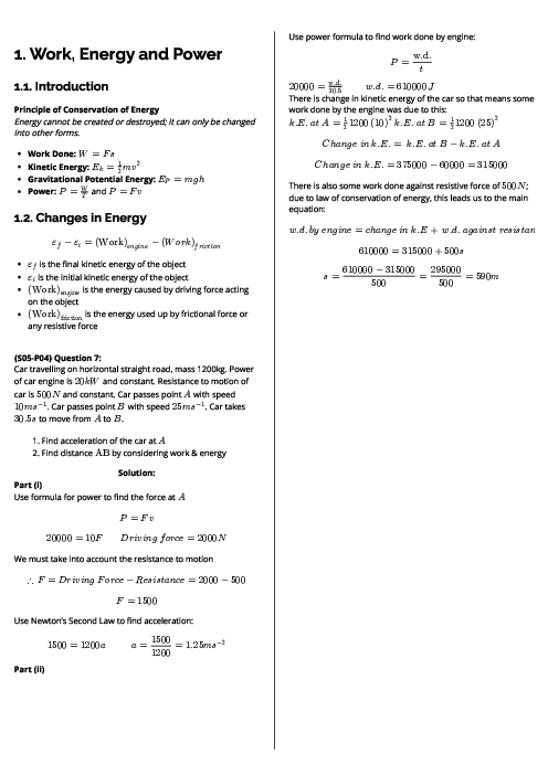 Mathematics (9709) Work, Energy and Power Revision Note