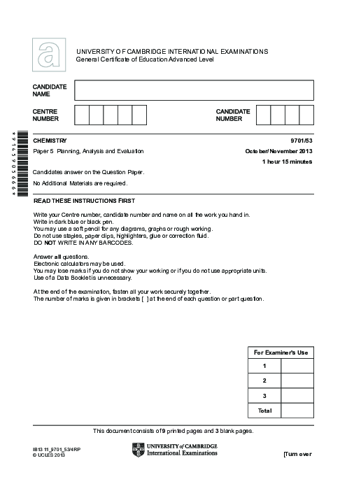 Chemistry 9701/42 Oct Nov 2013 | Cambridge AS Level Past Papers With Mark Scheme